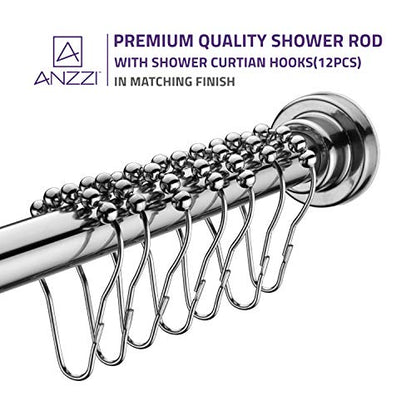 ANZZI 35-55 Inches Shower Curtain Rod with Shower Hooks in Brushed Nickel, Adjustable Tension Shower Doorway Curtain Rod, Rust Resistant No Drilling Anti-Slip Bar for Bathroom, AC-AZSR55BN