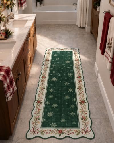 Lahome Green Christmas Bathroom Runner 2x6 Non Slip Washable Rug - Snowflake Edges