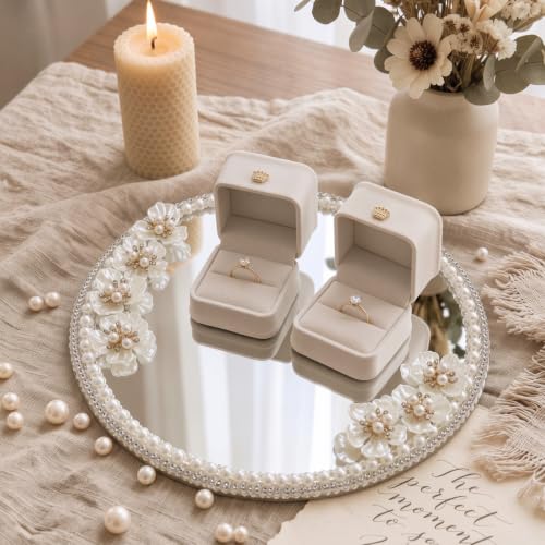 Wedding Mirror Tray with 2 Ring Boxes - Pearl Roses & Reflective Centerpiece