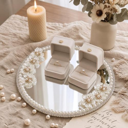 Wedding Mirror Tray with 2 Ring Boxes - Pearl Roses & Reflective Centerpiece