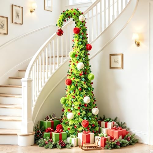 6 FT Green Whimsical Curved Pop Up Christmas Tree with Lights & Ornaments