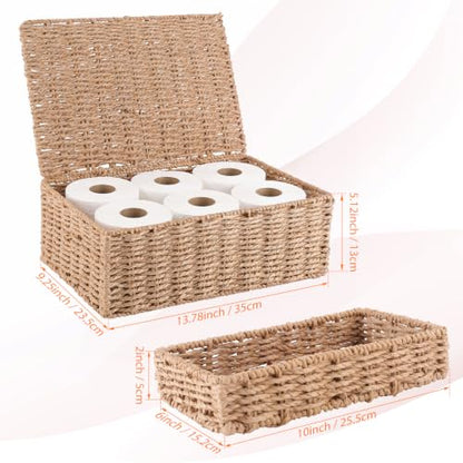 Decorative Storage Baskets with Lids - Woven Paper Rope Organizers Set