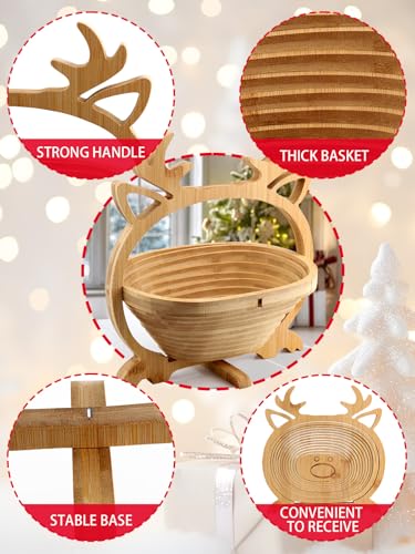 Christmas Elk Wooden Fruit Basket with Handle - Foldable Holiday Decor