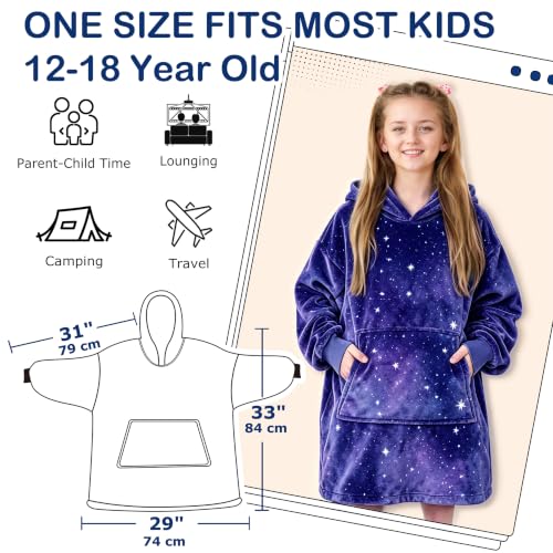 Kids Oversized Hoodie Blanket - Galaxy Dark Fleece Wearable Blanket for Kids
