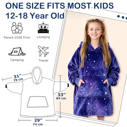 Kids Oversized Hoodie Blanket - Galaxy Dark Fleece Wearable Blanket for Kids