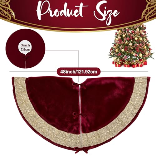 48 Inch Luxury Red Velvet Christmas Tree Skirt with Gold Glitter Trim