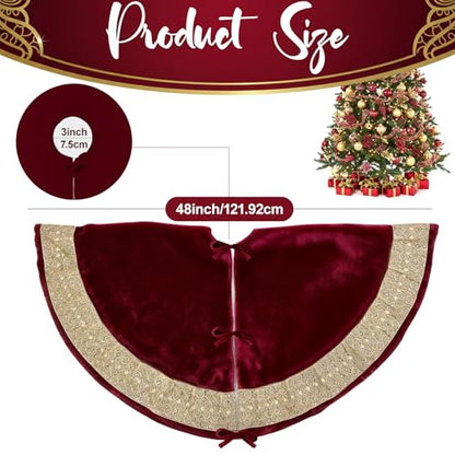 48 Inch Luxury Red Velvet Christmas Tree Skirt with Gold Glitter Trim