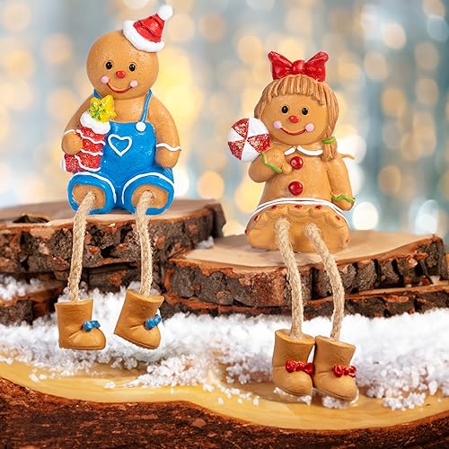 Christmas Gingerbread Man Figurines Set of 2 - Resin Decor with Dangling Legs