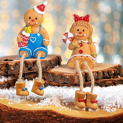 Christmas Gingerbread Man Figurines Set of 2 - Resin Decor with Dangling Legs
