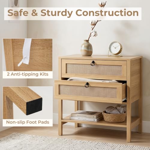 KOMFOTT Rattan Nightstand Set of 2 – Natural 27" x 16" x 25.5" with 2 Drawers