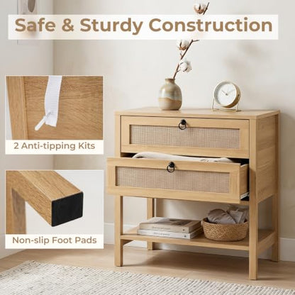 KOMFOTT Rattan Nightstand Set of 2 – Natural 27" x 16" x 25.5" with 2 Drawers