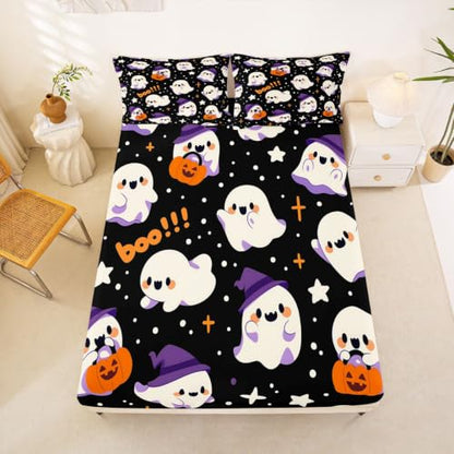 King Size Kids Ghost Bed Sheet Set with Bow Tie Pumpkin Stars Halloween Bedding - Brown