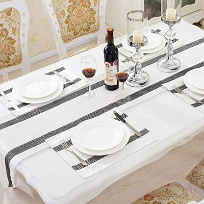Cream White 13x98 Inch Sequin Rhinestone Table Runner with Tassels - Handmade