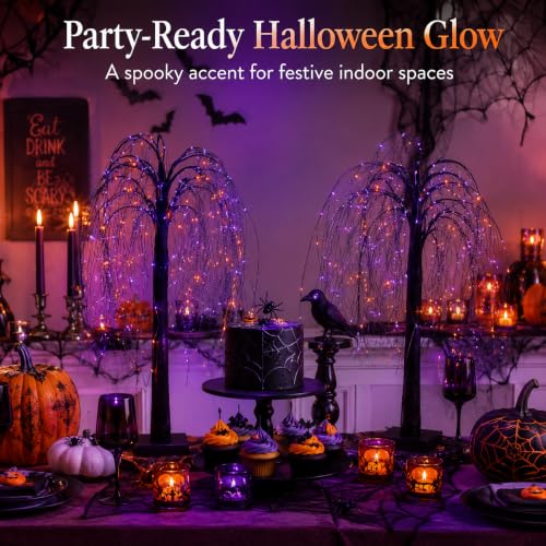 Halloween Black Lighted Willow Tree 24 Inch Tabletop Decor with 192 LED Lights - Purple Orange Lights, 8 Lighting Modes