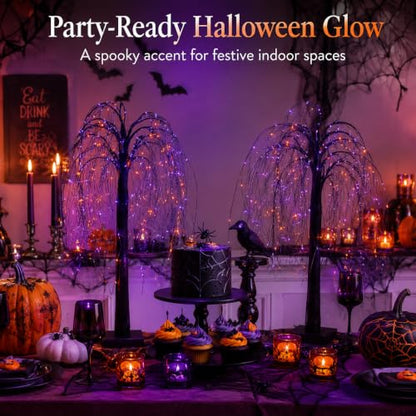 Halloween Black Lighted Willow Tree 24 Inch Tabletop Decor with 192 LED Lights - Purple Orange Lights, 8 Lighting Modes