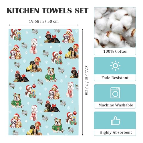 Colorful Dogs Tea Towels Set of 2 - 100% Cotton Christmas Kitchen Decor