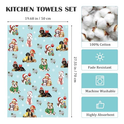 Colorful Dogs Tea Towels Set of 2 - 100% Cotton Christmas Kitchen Decor