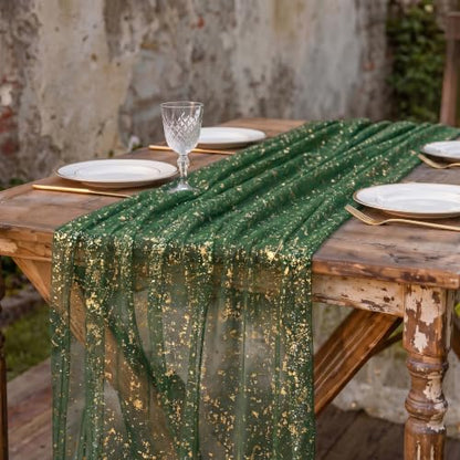 Green Gold 10FT Sequin Sheer Table Runner for Wedding & Party Decor - Green / 28x120 Inches