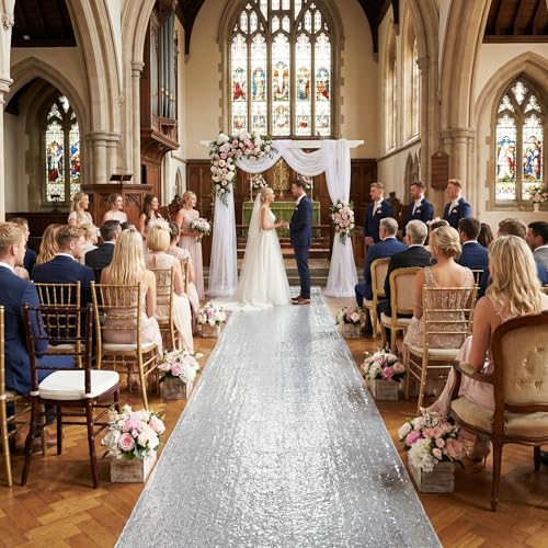 Silver Aisle Runner Wedding Christmas Sequin Carpet 4ft x 15ft - Silver