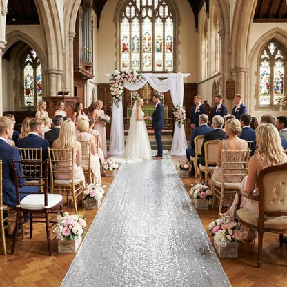 Silver Aisle Runner Wedding Christmas Sequin Carpet 4ft x 15ft - Silver