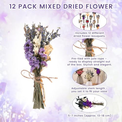 Mini Dried Flower Bouquets Set - Boho Wedding & Home Decor, 12 Pack