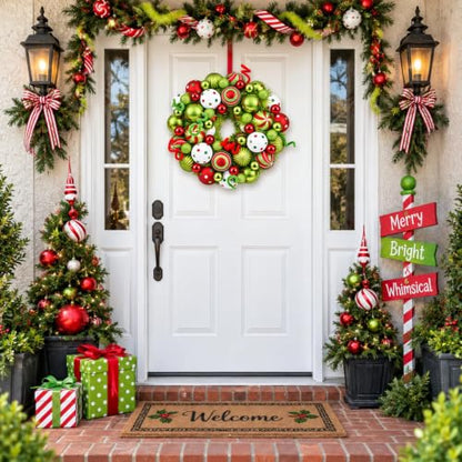 14 Inch Christmas Wreath with Red, Green & White Ornaments for Front Door