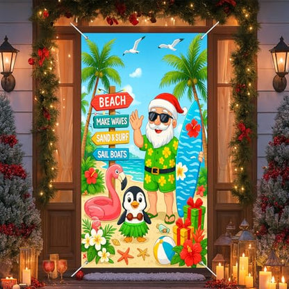 Christmas Surfboard Santa Door Cover Banner - Beach Santa Penguin Holiday Style 71x35