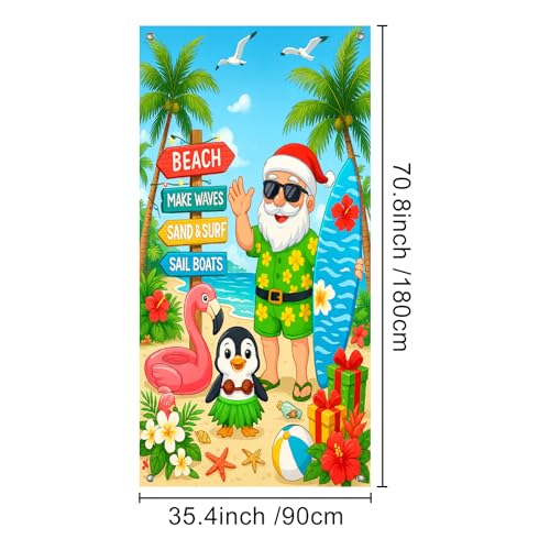 Christmas Surfboard Santa Door Cover Banner - Beach Santa Penguin Holiday Style 71x35