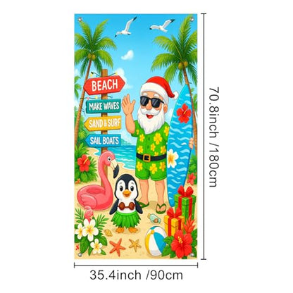 Christmas Surfboard Santa Door Cover Banner - Beach Santa Penguin Holiday Style 71x35