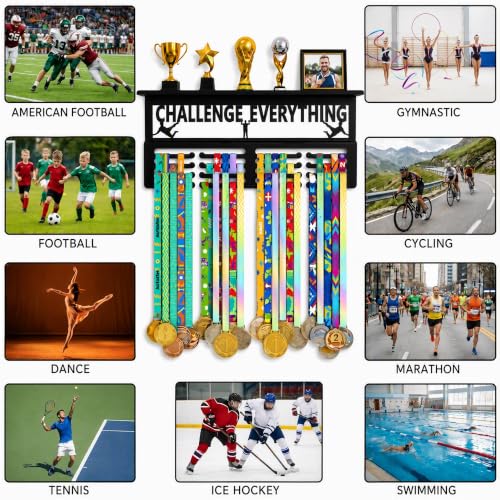Black Medal Hanger Display & Trophy Shelf, 16 Inch, 4 Rows, Holds 60+ Medals