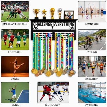 Black Medal Hanger Display & Trophy Shelf, 16 Inch, 4 Rows, Holds 60+ Medals