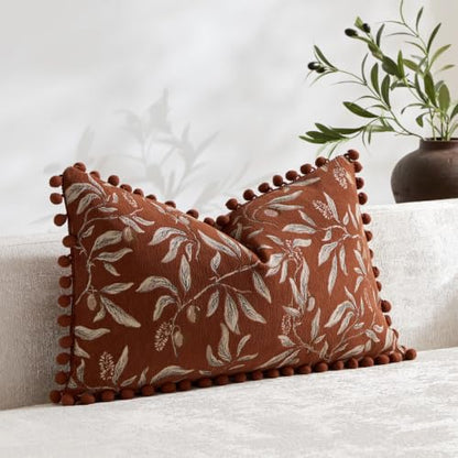 Orange Floral Decorative Pillow Cover 14x24 Inch Chenille Velvet Lumbar Cushion with Pom Poms
