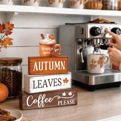 Fall Tiered Tray Decor Set with Pumpkin Latte - Wooden Autumn Decorations