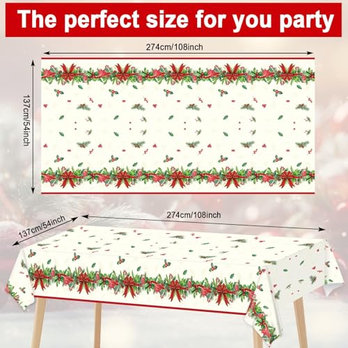 Christmas Tablecloth Holly and Pine Cone Waterproof Holiday Table Cover 108x54 Inch - 3 Pieces