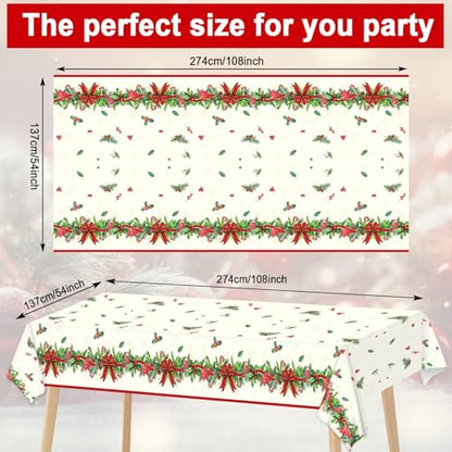 Christmas Tablecloth Holly and Pine Cone Waterproof Holiday Table Cover 108x54 Inch - 3 Pieces