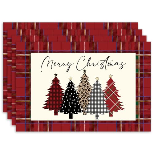Christmas Trees Red and Black Plaid Waterproof Placemats Set of 4 - Winter Table Decor