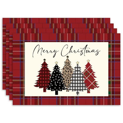 Christmas Trees Red and Black Plaid Waterproof Placemats Set of 4 - Winter Table Decor