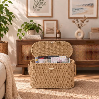 Endymion Wicker Toilet Paper Basket with Lid - Rattan Storage for Bathroom - Neutral