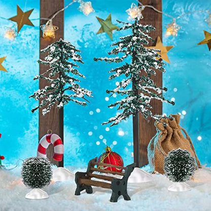 Christmas Village Snow Pine Trees & Accessories Set - 6 Pieces