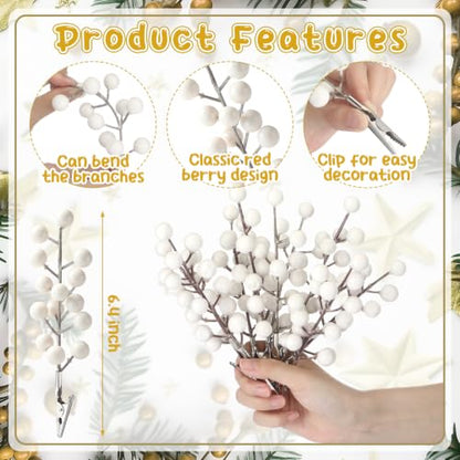 18 Pack White Christmas Berry Stems with Clips for Holiday Decorations - Berry / White