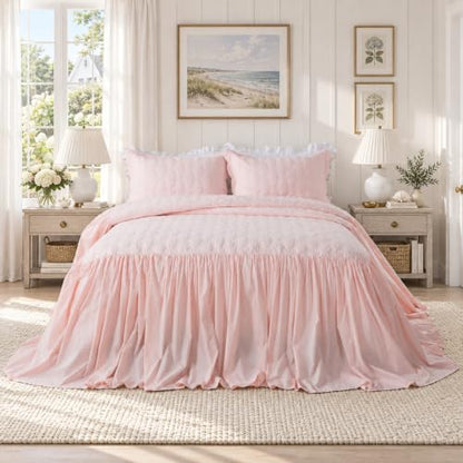 Pink Cotton Bedspread Set with Bow Stitching - King Oversized 3PC - Brandream