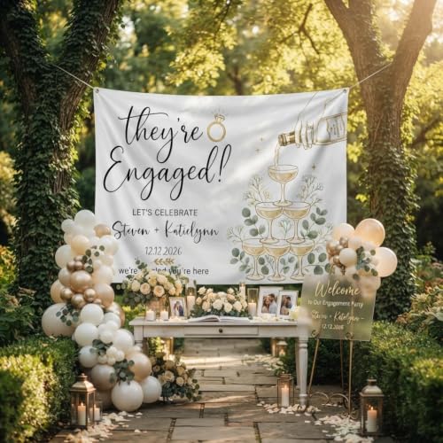 Personalized Engagement Champagne Glasses with Doodles Banner Style 10 - Custom Couple Names & Date