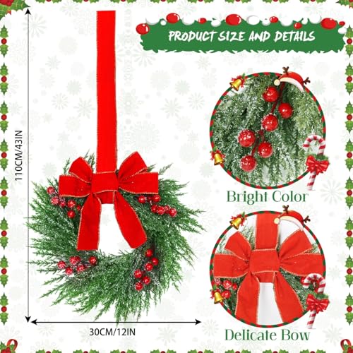 12 Pcs Mini Christmas Wreaths for Kitchen Cabinets with Red Velvet Bows - 12 Inch