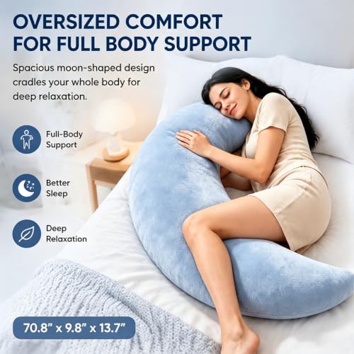 Moon Shaped Sleep Body Pillow Blue Oversized C-Shaped Support for Side Sleepers