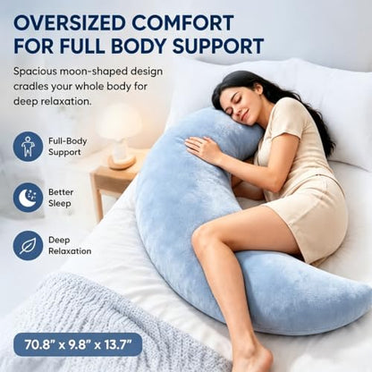 Moon Shaped Sleep Body Pillow Blue Oversized C-Shaped Support for Side Sleepers