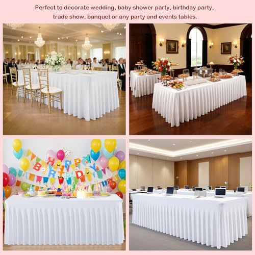 White Spandex Table Cloths 3 Pack for 6ft Rectangle Tables with Skirt - Wrinkle-Free Fitted Cover Set