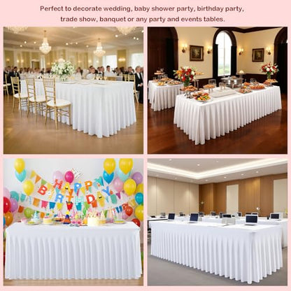 White Spandex Table Cloths 3 Pack for 6ft Rectangle Tables with Skirt - Wrinkle-Free Fitted Cover Set