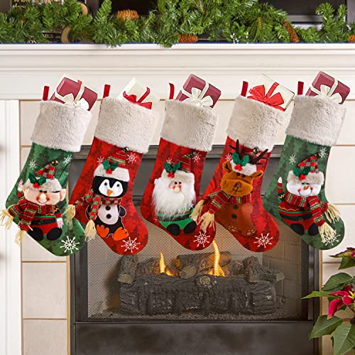 Set of 5 Large Christmas Stockings 18 Inch Xmas Fireplace Decor with Plush Cuff