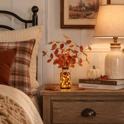 Artificial Eucalyptus in Glass Vase with LED Lights - Orange Fall Decor