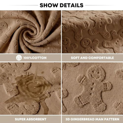 Artoid Mode 3 Pcs Brown 3D Gingerbread Man Jacquard Hand Towels - Christmas Bathroom Decor, 13.7 x 29.5 Inches